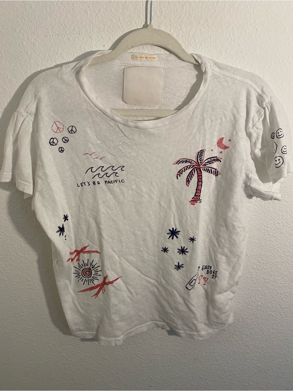 MOTHER White Short Sleeve Tee with Red & Navy Tropical Prints - Picture 2 of 5